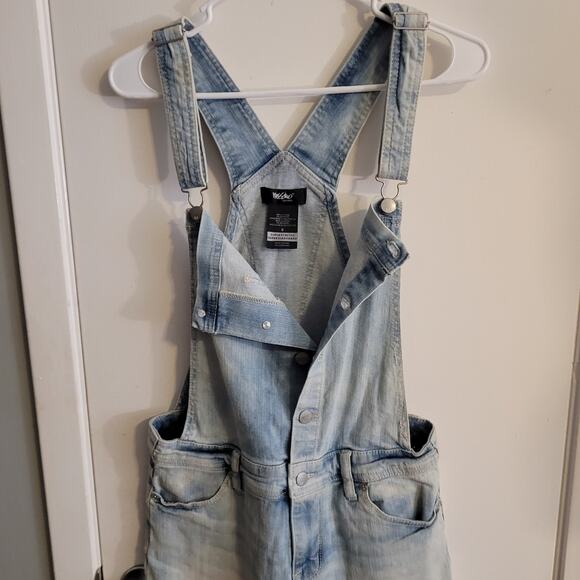 MOSSIMO Super Stretch Denim Overall Shorts Small Blue Cutoff Shortalls Festival - Picture 3 of 10